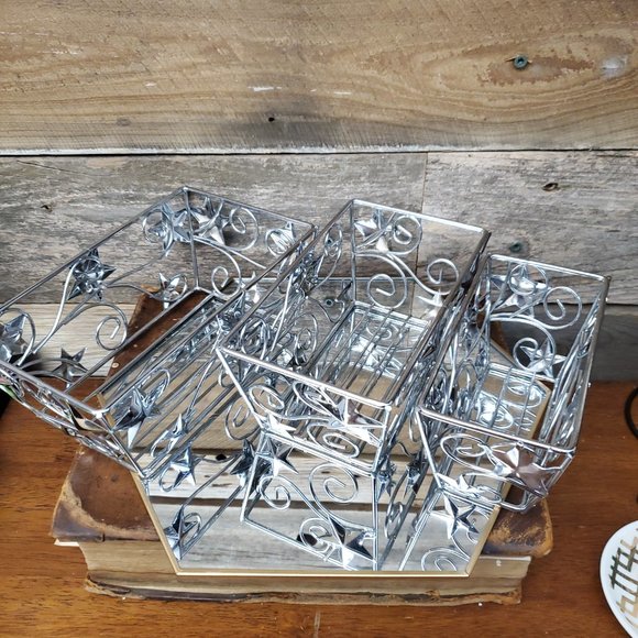 Trio of Shiny Silver Nesting Baskets - Texas Star - Scroll - Metal - Picture 8 of 8